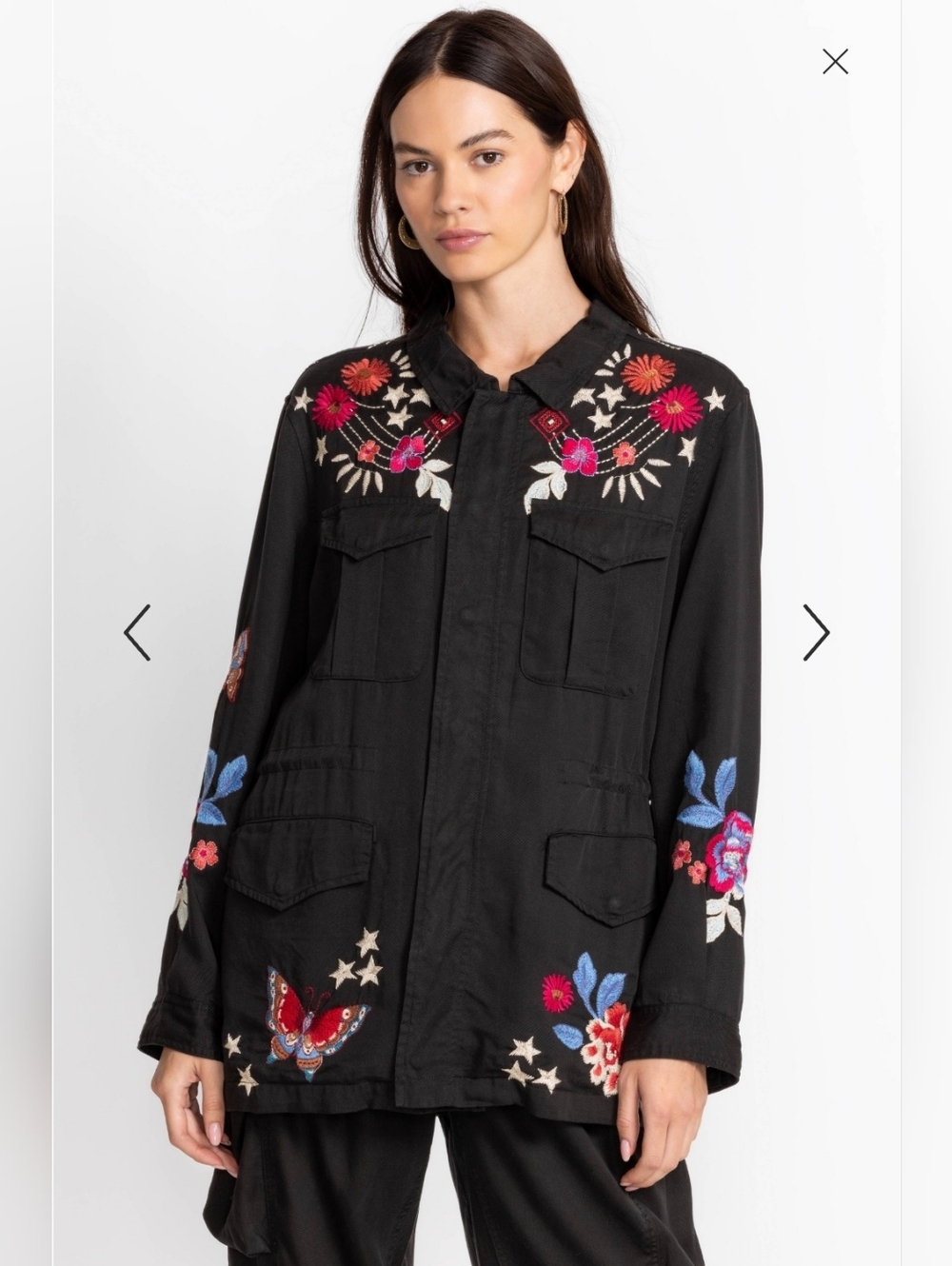 Johnny Was Mika Paris Drawstring Black Military Jacket Size XS Floral Embroidery